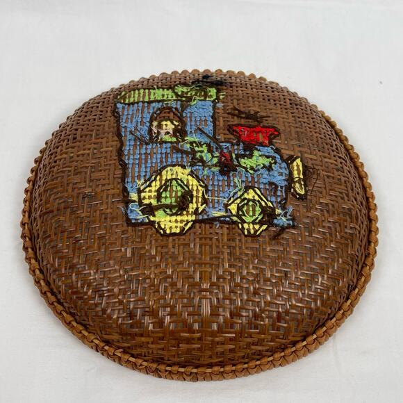 Handcrafted Cross Stitch Needlepoint Train Wicker Basket Bowl Decor Catchall - Picture 3 of 5